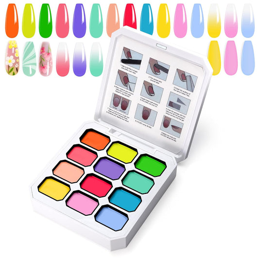 Gradient Painting Gel, 12 Bright Colors Ombre Gel Nail Polish for Pigment Pat Nails Aura Nails, French Manicure DIY Nail Art Long-lasting No-wipe Palette Chroma Carnival-BrightBean Baby