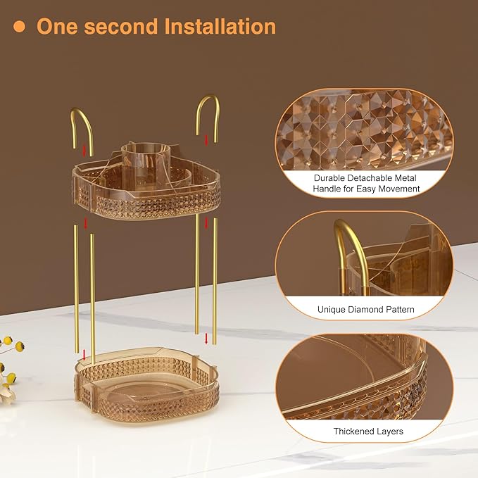 Awenia Rotating Makeup Organizer 360, Stackable Adjustable Large Capacity Cosmetic Storage Unit,Dresser Bathroom Kitchen Countertop Organizer with Metal Handle, Plus Size (Honorable Gold, 2 Tier)-BrightBean Baby