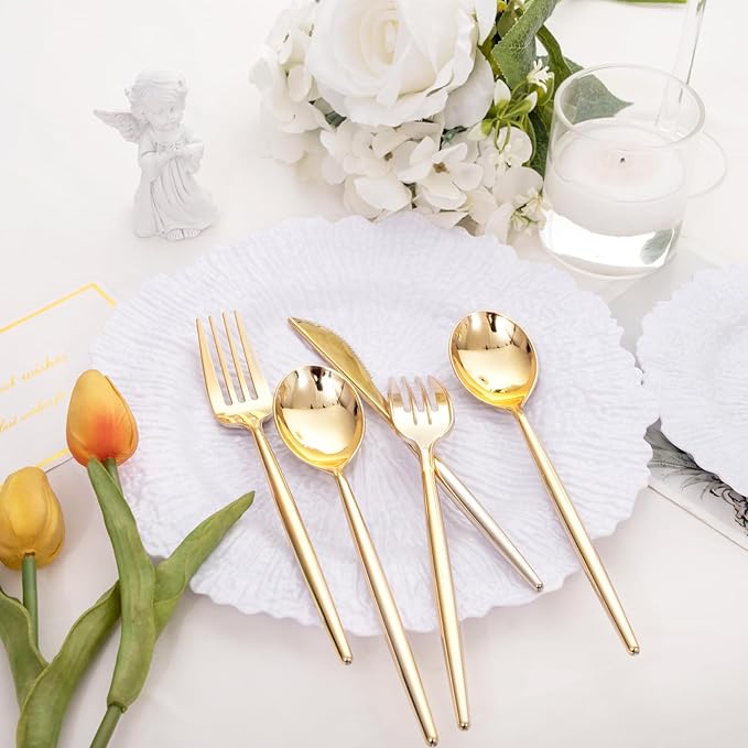 SUT 150PCS Gold Plastic Silverware, Plastic Utensils,Gold Silverware Disposable,Disposable Utensils Heavy Duty,Plastic Cutlery Set,Includes:50 Knives, Forks and Spoons for Party, Birthday,Wedding