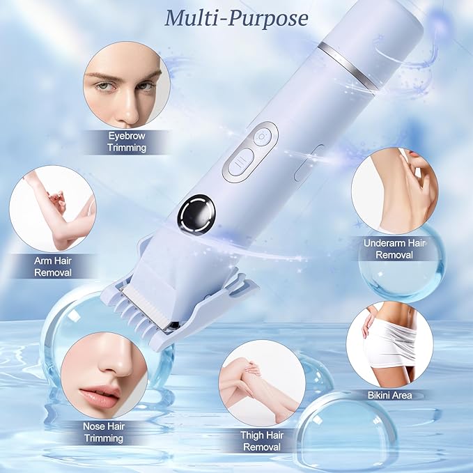 Bikini Trimmer for Women, 4 in 1 Wet/Dry Electric Razors for Women - Dual Head, Painless Rechargeable Portable Womens Razors for Shaving Set for Face, Nose, Eyebrows, Armpits, Bikini Area (Blue)-BrightBean Baby
