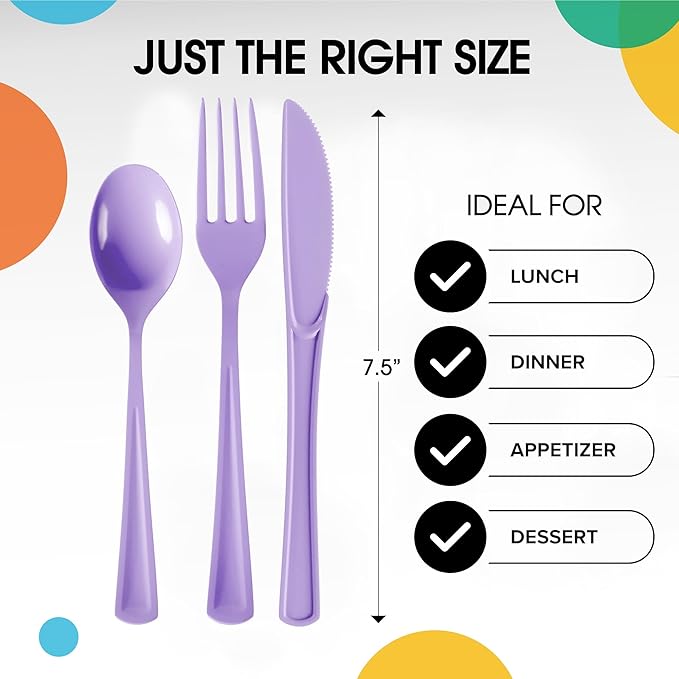 Party Solids Lavender Plastic Silverware Heavy Duty 150 Pieces Lavender Plastic Cutlery Sets, Utensil Sets, 50 Of Each Forks, Knives & Spoons Disposable Cutlery Set, Flatware Set For Party Supplies