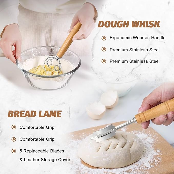 Sourdough Proofing Basket Gift Set, 9" Round and 10" Oval Banneton Bread Baking Supplies, Sourdough Baskets with Bread Lame, Danish Whish, Bowl Scraper, Sourdough Scraper, and Linen Liners