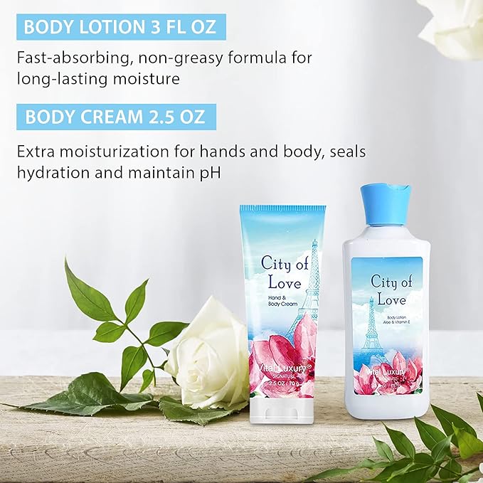 Bath & Body Kit, 3 Fl Oz, Ideal Skincare Gift Home Spa Set, Includes Body Lotion, Shower Gel, Body Cream, and Fragrance Mist, Birthday Mother's Valentine's Day Gifts(City of Love)-BrightBean Baby