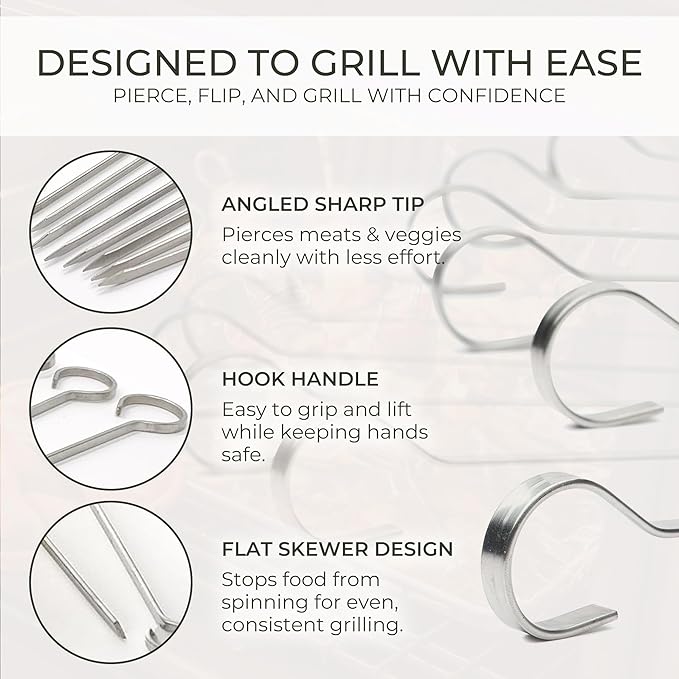 O-Yaki Flat Metal Kabob Skewer for Grilling – Set of 8 BBQ Skewers Stainless Steel with Storage Bag, Dishwasher Safe Skewers with Hook Handle & Sharp Tip for BBQ, Cookouts & Oven Use – 12 Inch