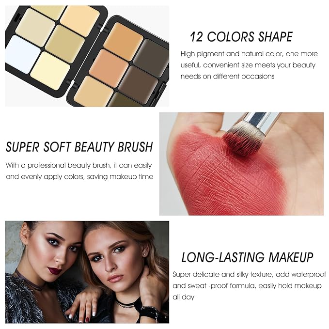 12 Colors Cream [Contour+Concealer] Makeup Palette for Cheeks - Multi-functional Makeup Palette with Brush, Natural Matte Long Wearing, Waterproof Blendable Face Makeup Palette (#03)-BrightBean Baby