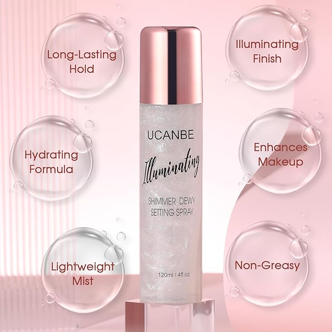 UCANBE Shimmer Dewy Setting Spray – Glowing + Makeup Setting Spray 2 in 1 Lightweight Formula for a Radiant Glow,Long-Lasting Face Mist for Face Body, 4 Fl Oz #Silver-BrightBean Baby