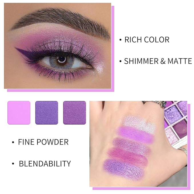 Erinde 9 Colors Purple Pink Lavender Glitter Shimmer Matte Eye Shadow Palette Makeup, Highly Pigmented Waterproof Violet Mauve Dark Purple Silver Pearl White Shimmer Sparkling Party Eyeshadow Palette-BrightBean Baby