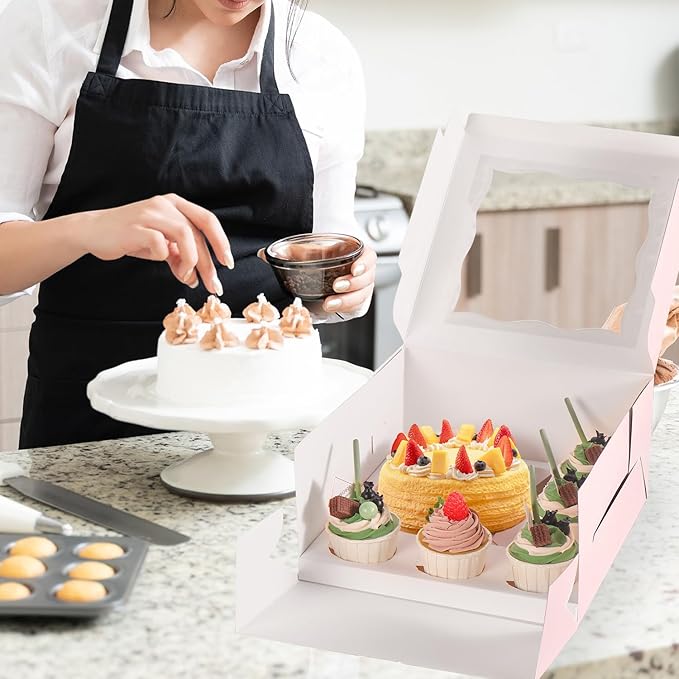 JCD 8 Packs Pink Bento Cake and Cupcake Box 1+5 Bento Box with Clear Window Fit 5 Cupcakes and 1 Mini Cake for Packaging Gift Baked Goods (Pink 1+5/8Pcs)