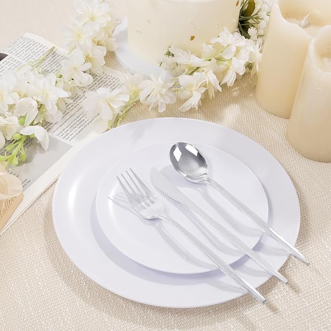 bUCLA 200PCS White Plastic Plates - Heavy Duty White Disposable Include 100 Dinner 10inch & 100 Dessert 7inch Plates, Ideal for Wedding&Party