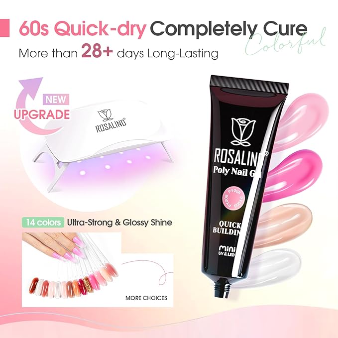 ROSALIND 14 Colors Poly Nail Gel Kit with Mini Nail Lamp Pink Brown Poly Nails Gel Kit Starter Kit With Slip Solution Kit Pink Extensions Gelfor Nail Manicure Beginner-BrightBean Baby