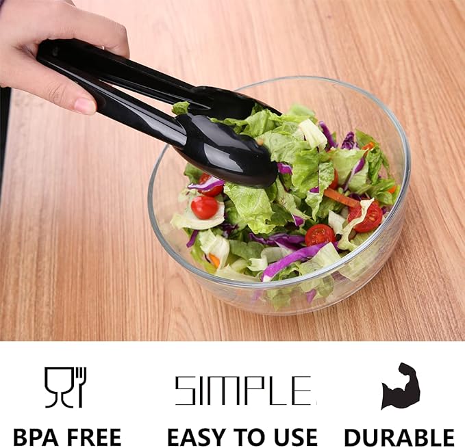 24 Pieces Plastic Salad Tongs, Black Kitchen Serving Tongs, 9 Inch Disposable Utensils Set, Heavy Duty Scalloped, Perfect for Buffets and BBQ, Food Safe Material