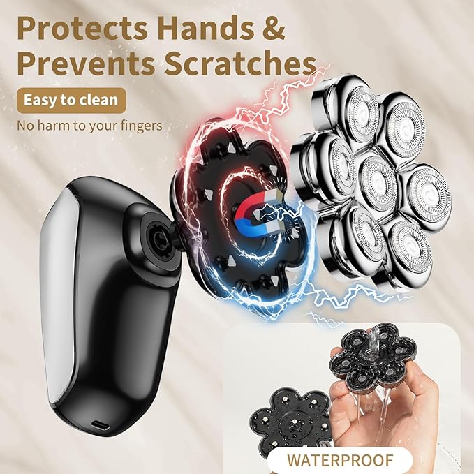 Detachable Head Shavers, SHPAVVER 5 in 1 Electric Razor IPX7 Waterproof for Bald Men, Wet Dry LED Display Rechargeable 7D Rotary Shaver Grooming Kit with Type C Charge A，Bright Silver-BrightBean Baby