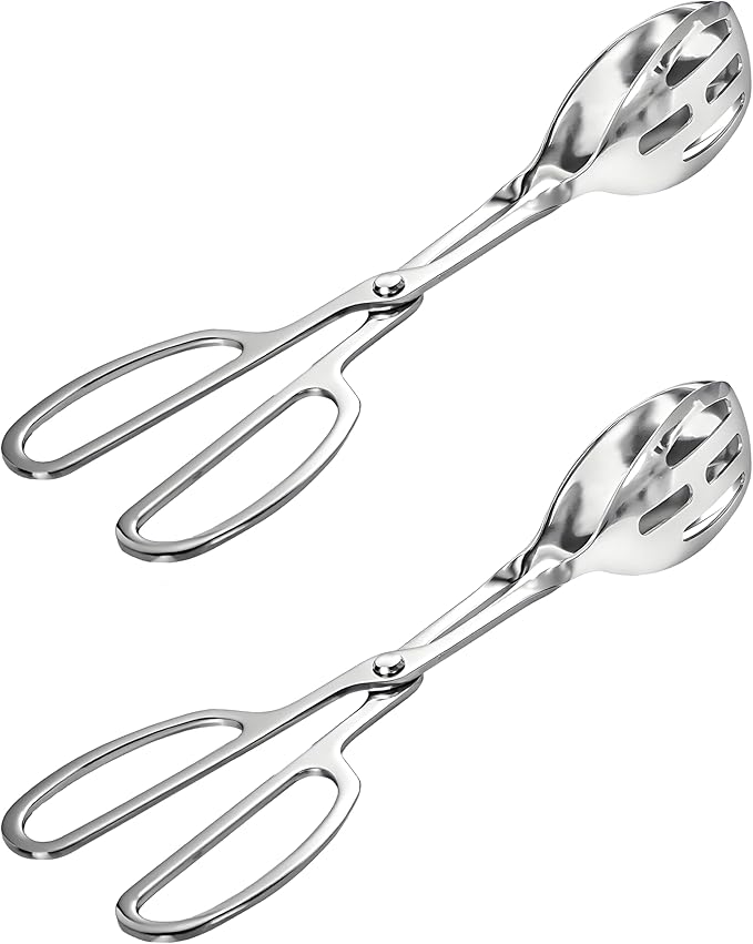 Kitchen Tongs for Cooking for Buffet Party Catering - Stainless Steel Salad Tongs for Food Bread Cake Bake Dessert, 10-Inch Serving Tongs for Grill, Steak, Barbecue, Scissor Design (2 Pack)