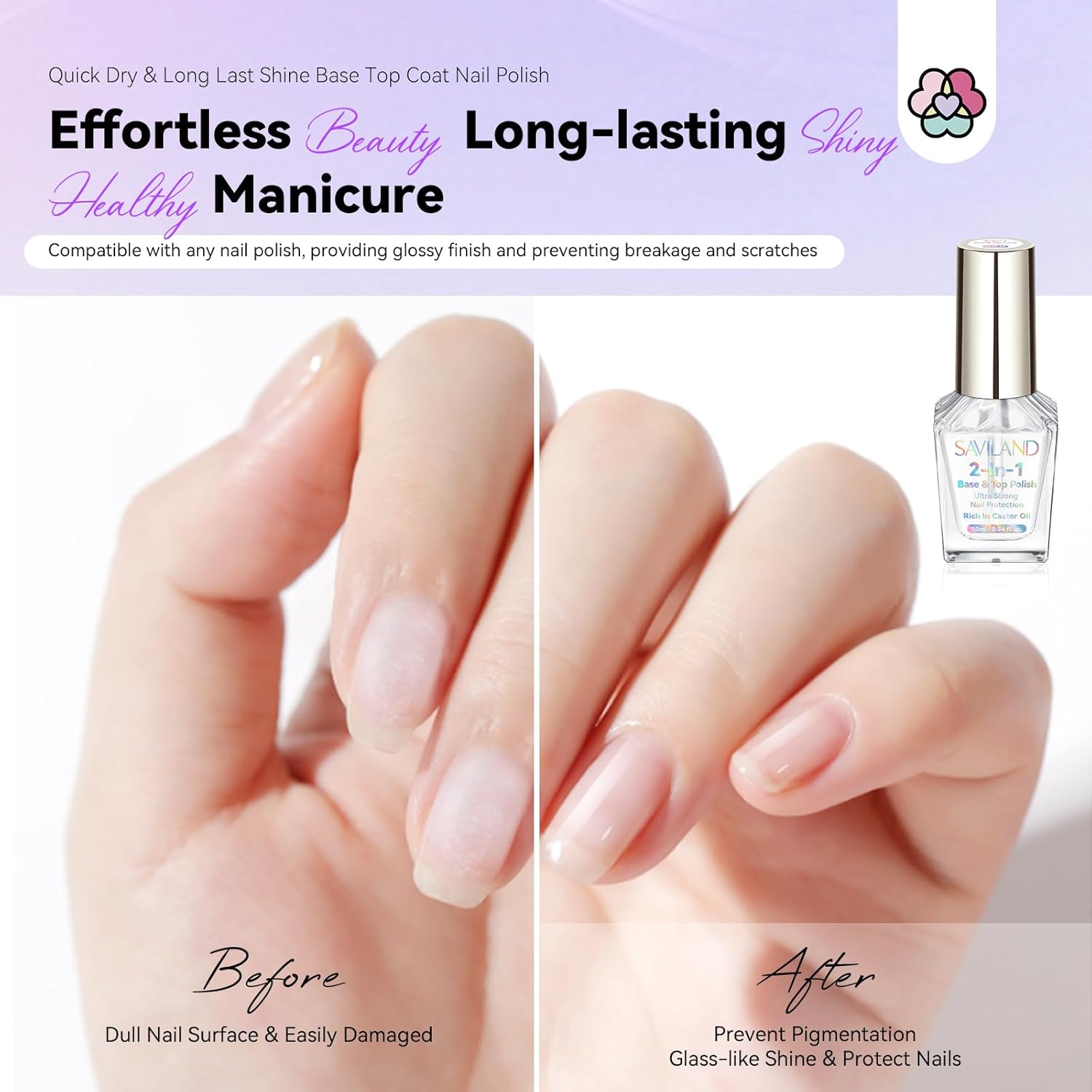 SAVILAND Clear Nail Polish Base Top Coat: 2 in 1 Quick Dry Nail Polish Long Lasting Fingernail Toe Polish Color Protection Resists Smudging, Chipping and Fading Shine Finish Polish Salon Home Nail Art-BrightBean Baby
