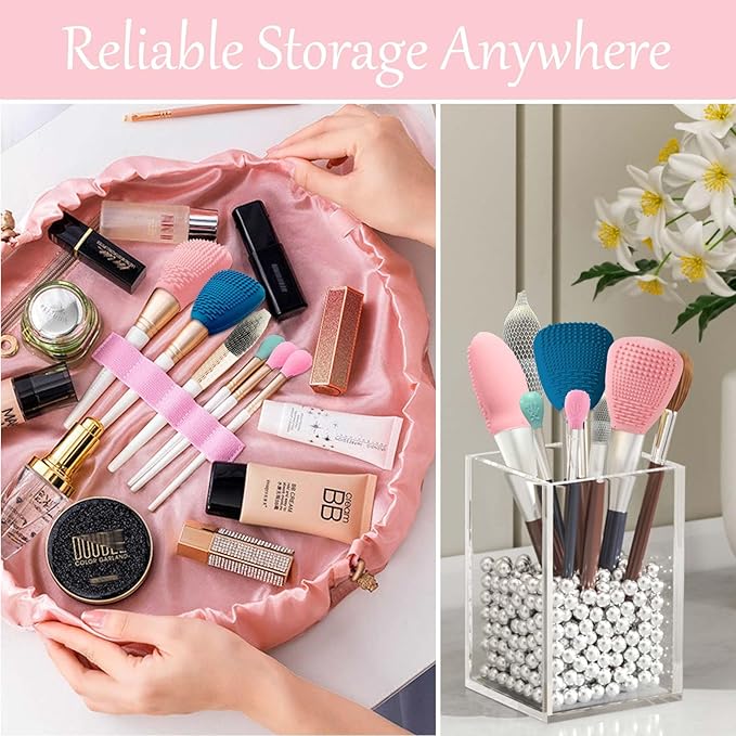 Silicone Travel Make-up Brush Holder with Cleaner Mat Pad, Organizer Case Covers for Foundation Eye Lip Brushes Storage Cleaning, Gift for Women Girl-friend Mother Wife, 5-Pcs Large + 7 Small, Pink-BrightBean Baby