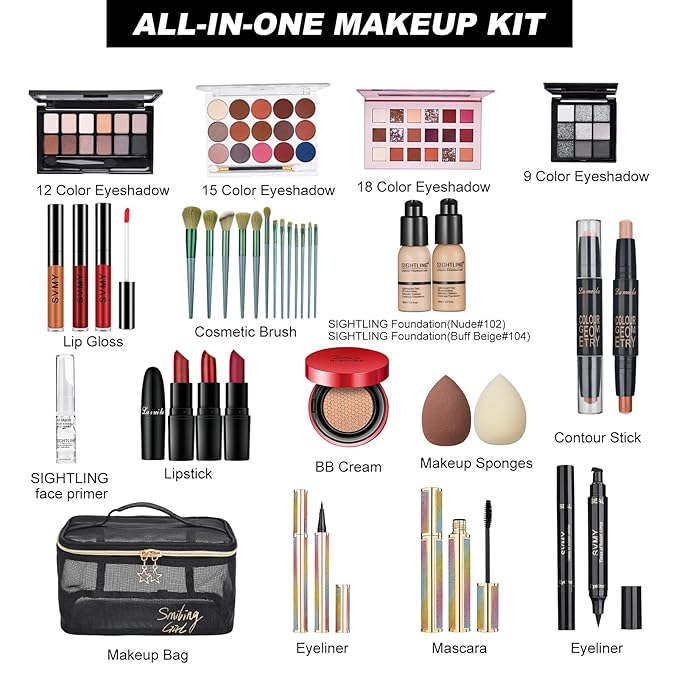 All In One Makeup Kit, Travel Makeup Kit, Makeup Kit for Women Full Kit, Makeup Gift Set for Women & Girls, Includes Foundation Eyeshadow Palette Lipstick Eyeliner Mascara Cosmetic Brush Set-BrightBean Baby