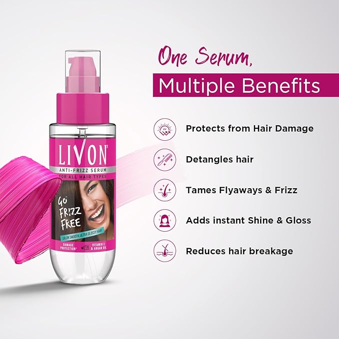Livon Hair Serum for Men & Women | Frizz-free, stronger and shinier hair | Sulphate & Paraben free| For All Hair Types | Lightweight & Non Greasy | Enriched with Argan Oil & Vitamin E | 3.3 Fl.Oz-BrightBean Baby