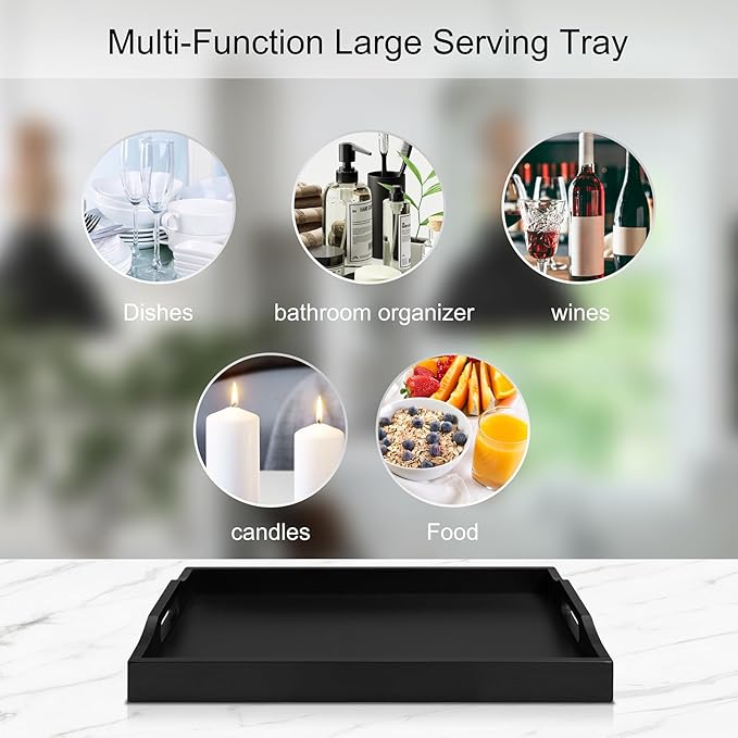 Bamboo Food Serving Tray with Handles, Breakfast Bed Tray for Tea,Snack,Dinner, Home Decorative Storage Food, Platter, Ottoman for Kitchen Counter, Bathroom, Restaurant (Black)