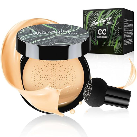 Mushroom Head Air Cushion CC Cream Foundation - Moisturizing & Long-Lasting BB Cream Concealer Makeup Base for All Skin Types, Brighten Long - Lasting Even Color Correcting Concealer (Buff Beige)-BrightBean Baby