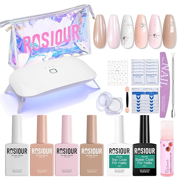 Gel Nail Polish Kit with U V Light, Hema-Free White Light Nude Pink Summer Gel Polish Set with Base & Top Coat Chrome Nail Powder, 4 Colors Mini Salon Nail Art Starter Gift for Women Girl-BrightBean Baby