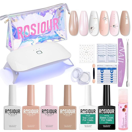 Gel Nail Polish Kit with U V Light, Hema-Free White Light Nude Pink Summer Gel Polish Set with Base & Top Coat Chrome Nail Powder, 4 Colors Mini Salon Nail Art Starter Gift for Women Girl-BrightBean Baby