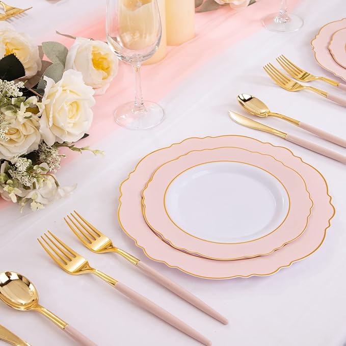 Rubtlamp 90Pcs Gold Plastic Silverware, Thanksgiving Gold Utensils Set With Pink Handles Include 30 Gold Knives, 60Plastic Forks and Spoons, Pink Silverware Heavy Duty For Thanksgiving