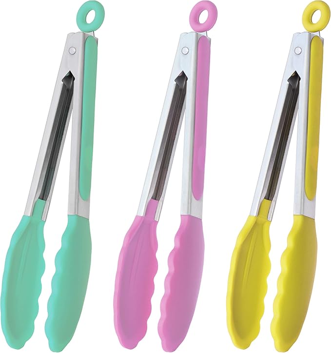 Stainless Steel Kitchen Cooking Tongs with Silicone Tips 9-Inch Serving Tongs, Set of 3 (Mint Pink Yellow)
