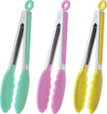 Stainless Steel Kitchen Cooking Tongs with Silicone Tips 9-Inch Serving Tongs, Set of 3 (Mint Pink Yellow)