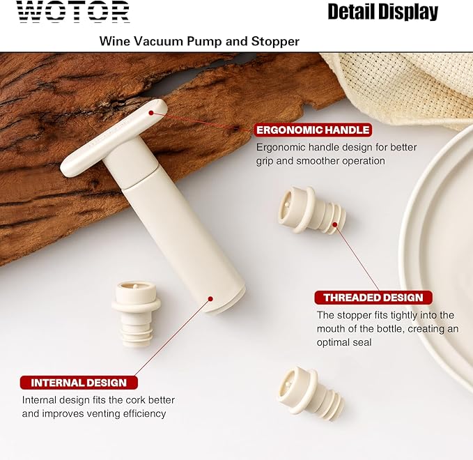 WOTOR Wine Saver Vacuum Pump with 20 Stoppers, Wine Stopper & Preserver, Reusable Bottle Sealer Keeps Fresh, Ideal Accessories Gift, Flat Handle (Cream)