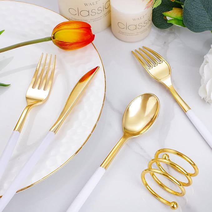 I00000 300 Pcs Gold Plastic Silverware - Gold Disposable Silverware - Premium White Cutlery Set Include 100 Forks 100 Knives 100 Spoons,Plastic Cutlery Party Set for Party & Wedding