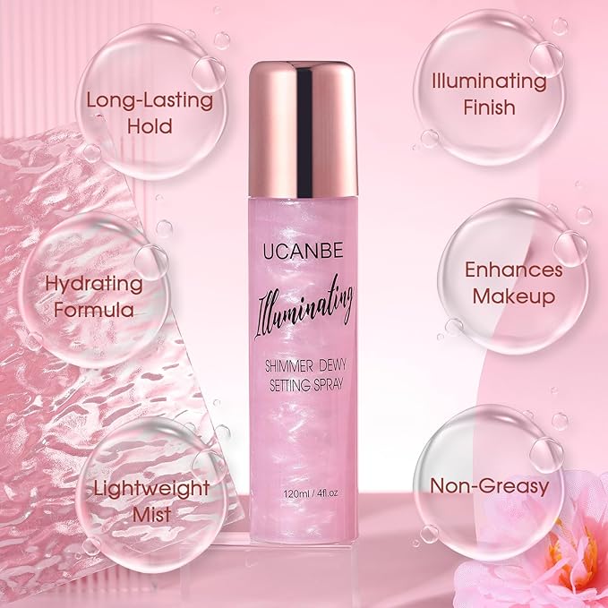 UCANBE Shimmer Dewy Setting Spray – Glowing + Makeup Setting Spray 2 in 1 Lightweight Formula for a Radiant Glow,Long-Lasting Face Mist for Face Body, 4 Fl Oz #Bubblegum-BrightBean Baby