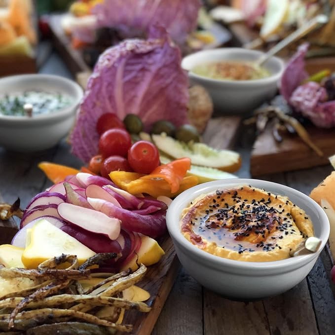 Artena 12 oz Solid Ceramic Chip and Dip Serving Set with Acacia Wooden Tray, 5-inch Grey Dipping Bowls, Small Serving Bowls for Side Dishes, Salsa, Appetizer, Serving Dishes for Entertaining