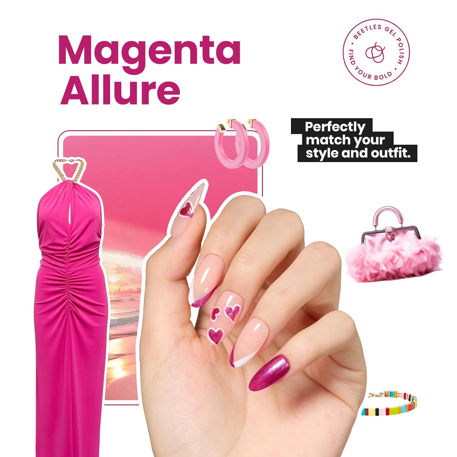 Beetles Hot Pink Nail Polish 15ml, Valentines Day Gifts for Women Fast Drying & Long Lasting Glitter Nail Polish Pink Nail Lacquer Glossy for DIY Nail Salon-Quality Results-BrightBean Baby