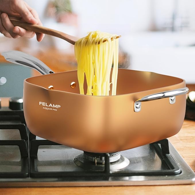 FELAMP 9.5 Inch Ceramic Nonstick Deep Square Frying Pan Set - 4 Piece Copper Cookware