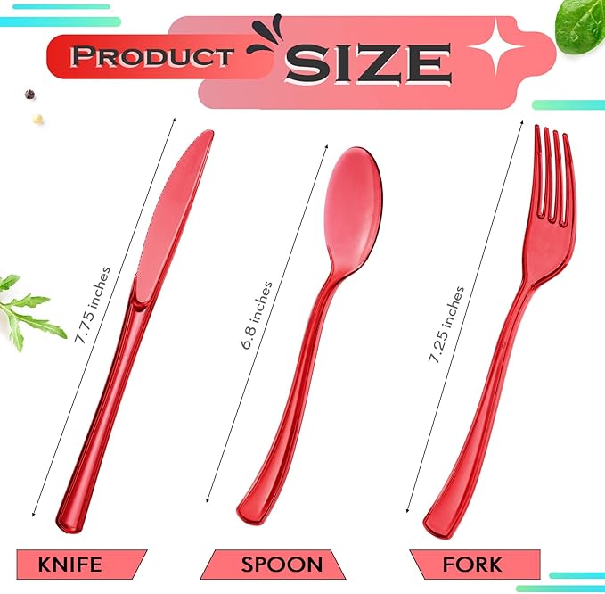 Minatee 150 Pieces Disposable Cutlery Set Plastic Silverware Heavy Duty Utensil Sets 50 Forks 50 Knives 50 Spoons for Home Office School Party Picnics Restaurant Outdoor Events(Red)