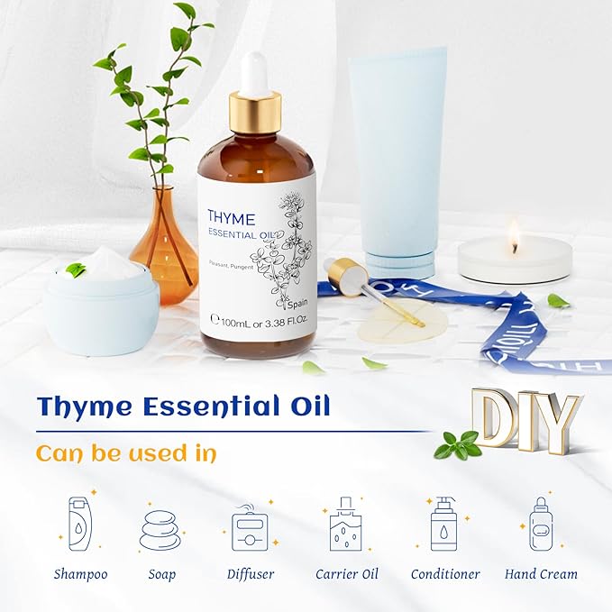 HIQILI 3.38 Fl Oz Thyme Essential Oil, 100% Pure Undiluted for Hair, Skin, Diffuser, Aromatherapy, Includes 10ML Travel Bottle - 100ML-BrightBean Baby