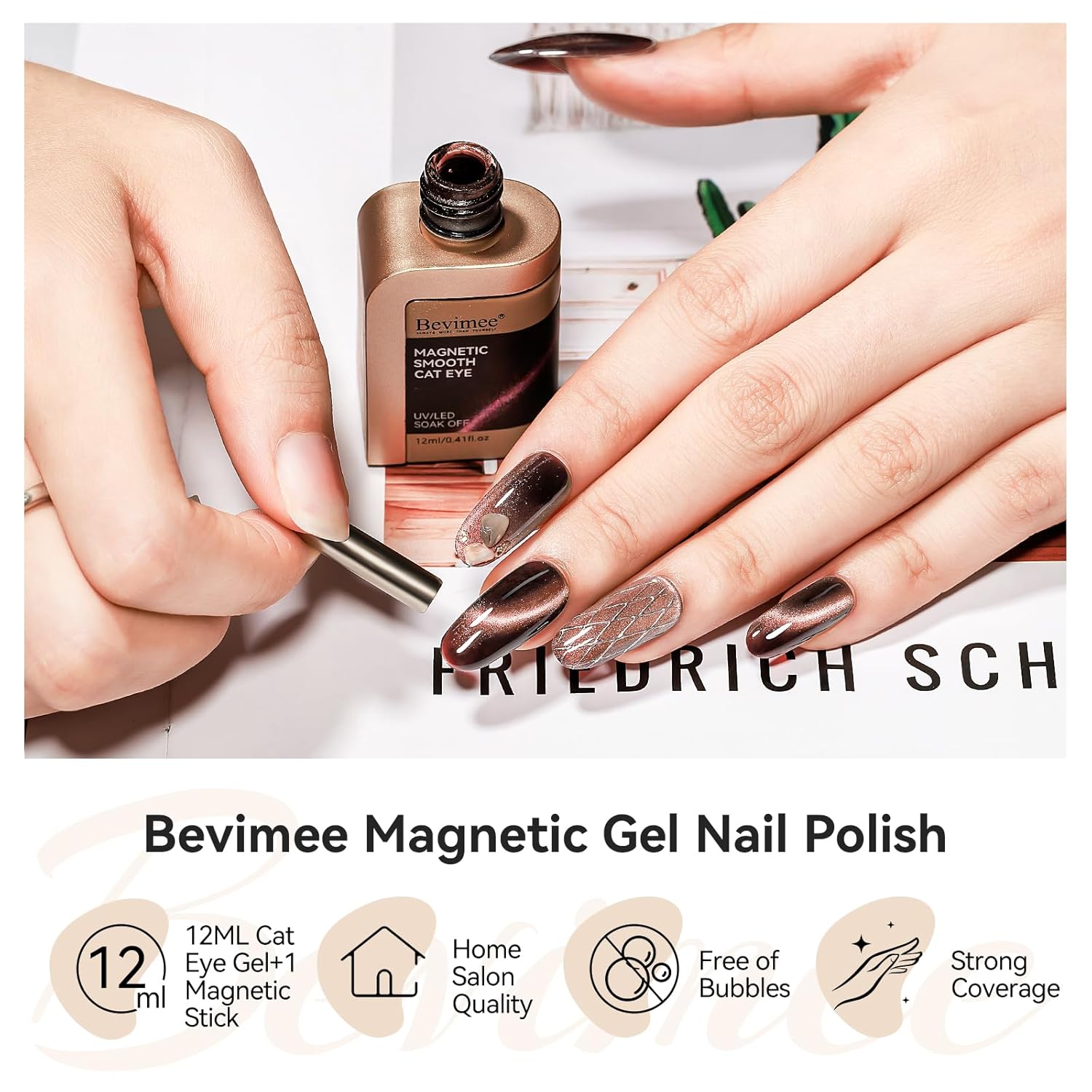 Cat Eye Nail Polish, Dark Brown, Moonlight Magnetic Gel Nail Polish With Magnet Stick, Glitter Holographic Shimmer UV Velvet Gel Nail Art Manicure Salon DIY Home, 12ML-BrightBean Baby