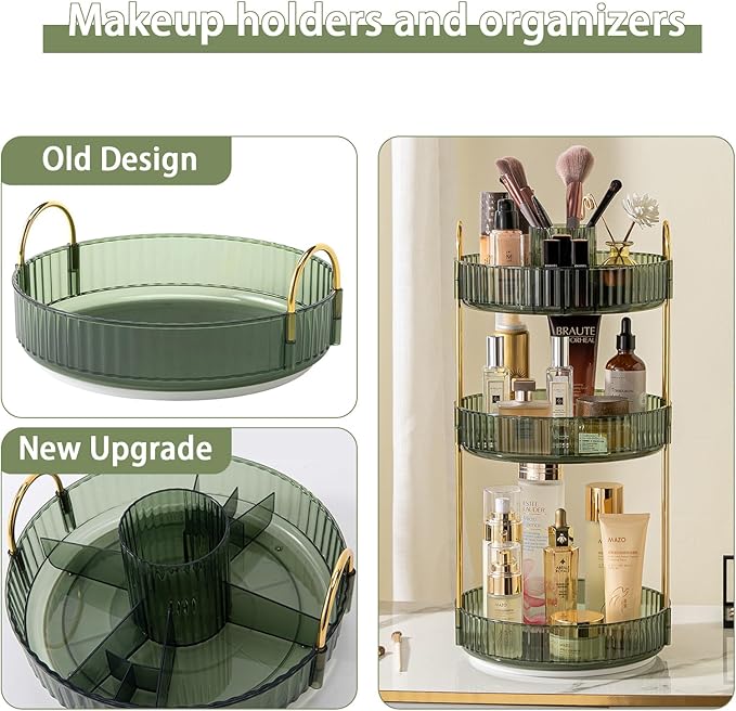 Rotating Makeup Organizer for Vanity, High-Capacity Skincare Clear Make Up Storage Perfume Organizers Cosmetic Dresser Organizer Countertop 360 Spinning (Green, New-3 Tier)-BrightBean Baby