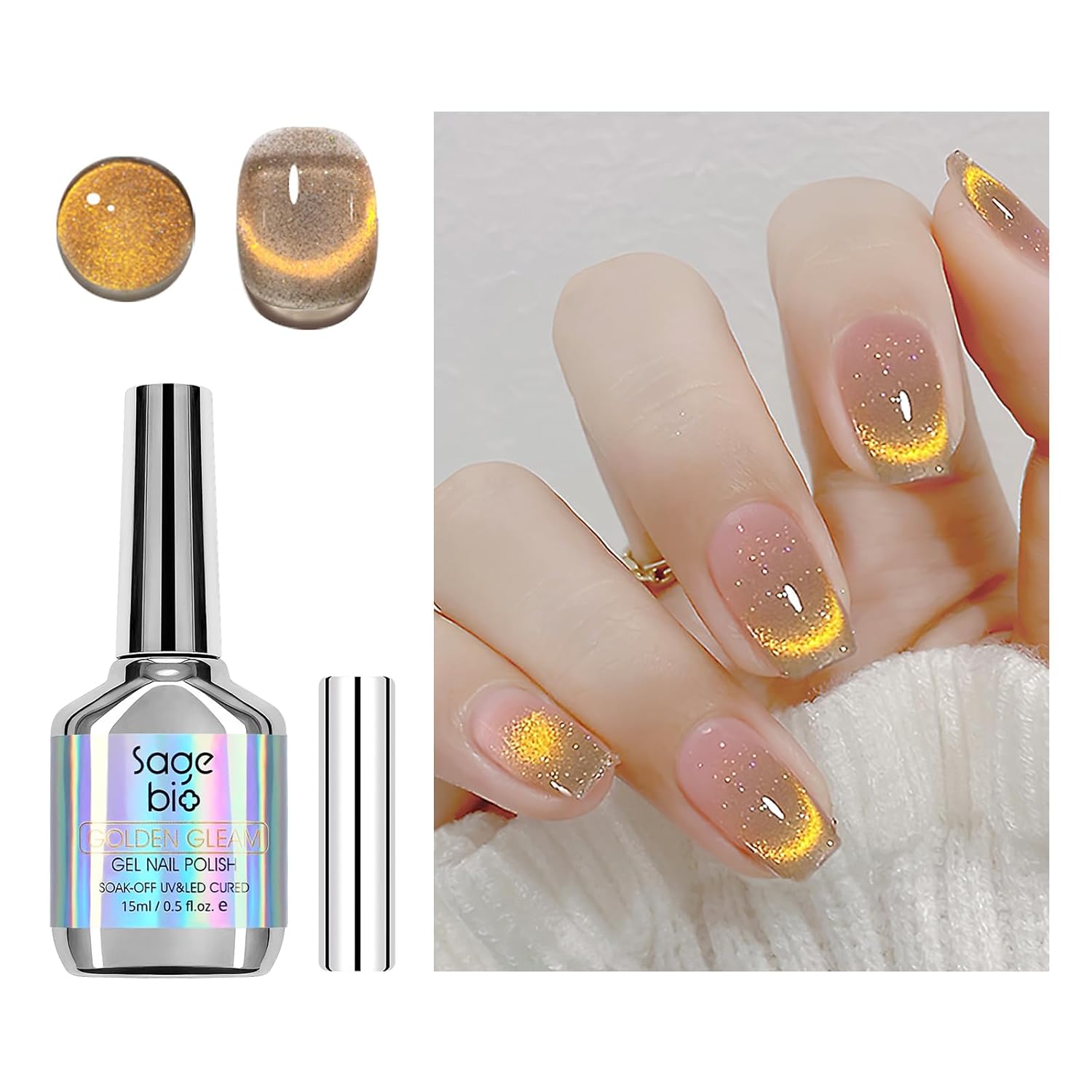 Cat Eye Gel Nail Polish with Magnet Stick, 15ml Glitter Holographic Nail Polish, Magnetic Effect Gel for Home DIY Manicure Gift, Champagne Gold-BrightBean Baby