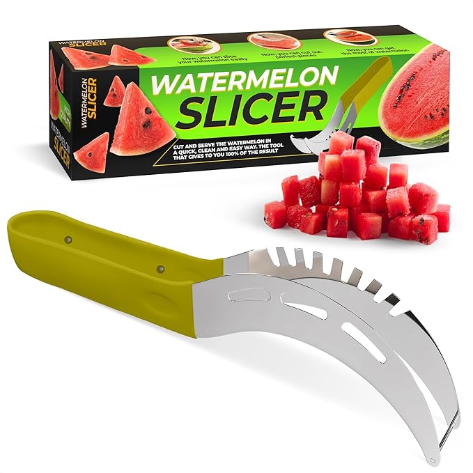 Stainless Steel Watermelon Slicer Tool – 9.05" x 1.5" Watermelon Cutter Tool Cuts 1 In Cubes & Slices – Ergonomic Handle, Mess-Free Fruit Cutting for Cantaloupe, Honeydew, Papaya & Other Summer Snacks