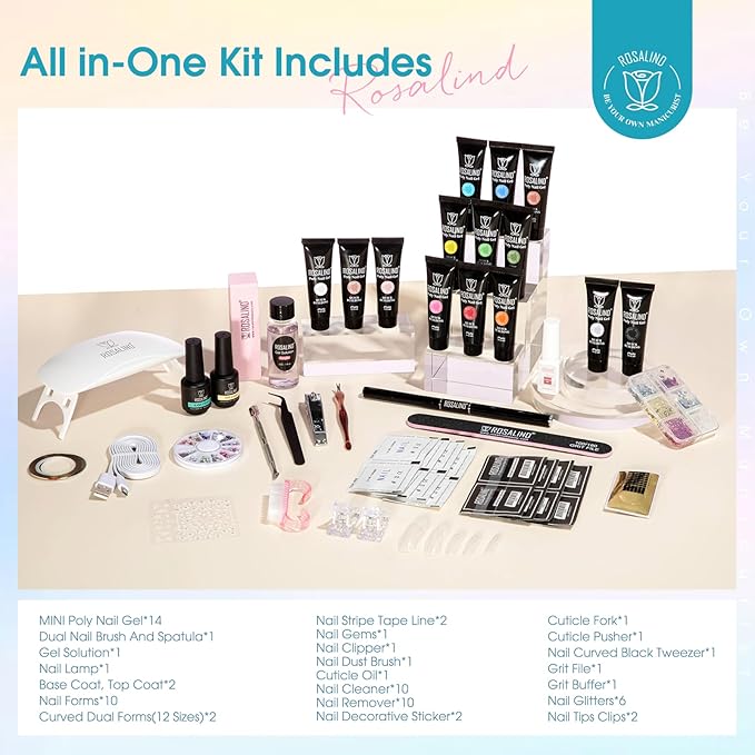 ROSALIND Poly Nail Gel Colors Kit -14 Colors +72 Nail Art Accessories kit Poly Nails Gel Kit Starter Kit with Mini UV Lamp Slip Solution Poly Nail Art Tools for Beginners with Everything-BrightBean Baby