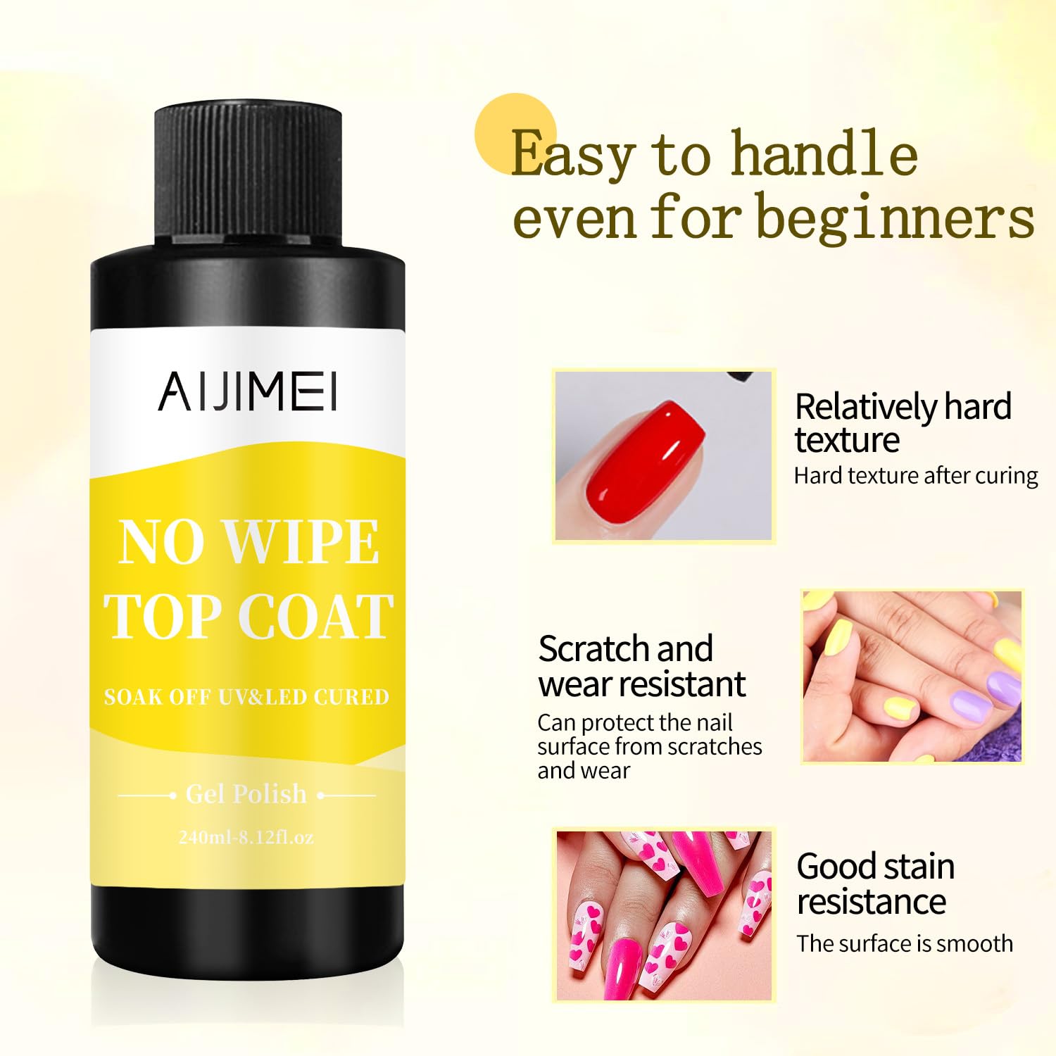 AIJIMEI 240ml Gel Polish No Wipe Top Coat Long Lasting Top Gel for Acrylic Nails,Gel Top Coat for Home DIY and Nail Salon Non-Wipe TopCoat for Gel Polish 8 Fl Oz-BrightBean Baby