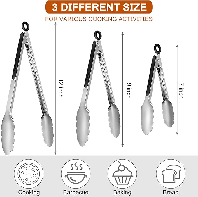 9 Pieces Stainless Steel Kitchen Tongs Grilling Locking Cooking Tongs Non-Slip Metal Food Tongs for Cooking, Salad and BBQ, 7, 9 and 12 Inch