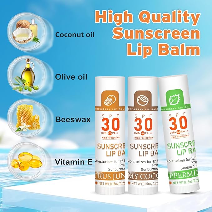 SPF 30 Lip Balm with Sunscreen 8 Pack, Bulk Sunscreen Lip Balm Travel Size, Hydrating Lip Balm with Vitamin E and Coconut Oil- 8 Flavors-BrightBean Baby