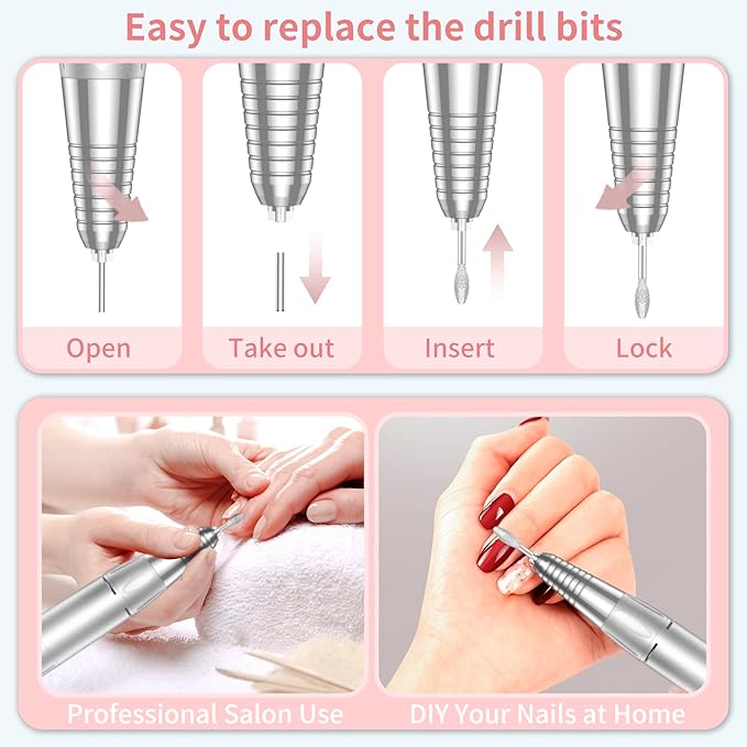 Portable Nail Drill Professional 35000 RPM, MOCOWIND Rechargeable Electric Nail File Machine E File for Acrylic Gel Polishing Removing, Cordless E-File with Bits Kit for Manicure Salon Home,Pink-BrightBean Baby