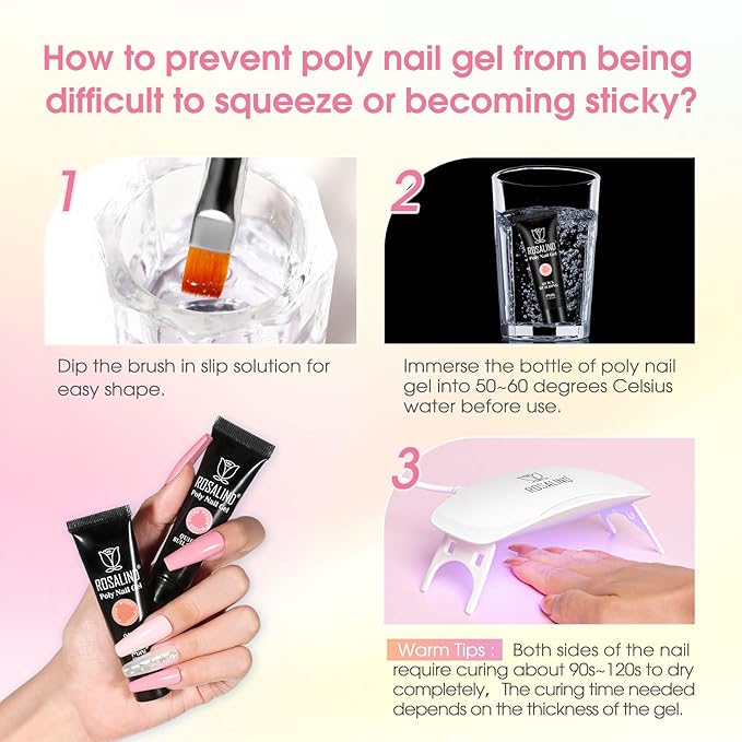 ROSALIND Poly Nail Gel Kit -14 Colors Nail Art Accessories kit Clear Nude Nail Extension Gel Starter with Slip Solution White Nude Pink Nail Extensions Gels Set with Mini UV Lamp-BrightBean Baby