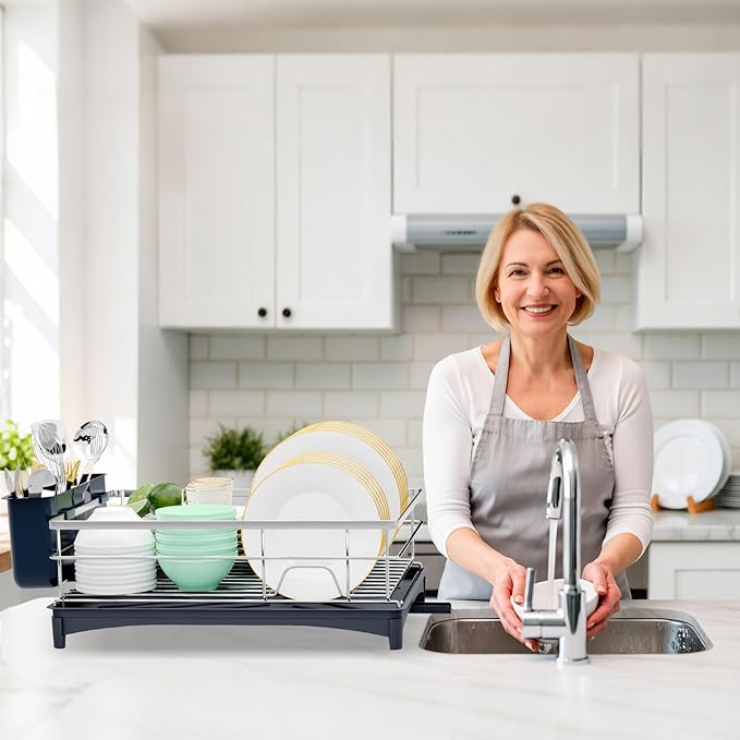 Dish Drying Rack, Large Capacity Dish Drainers for Kitchen Counter with Removeable Cutlery Holder, Rustproof & Sturdy Auto-Drain Multifunctional Organizer for Plates,Cups,knife fork Storage Essentials