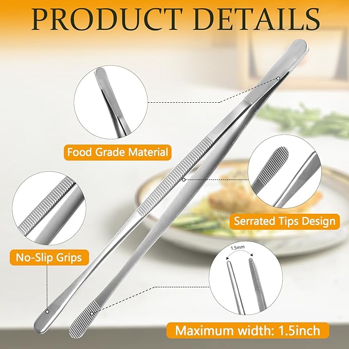 Litoexpe 2 PCS 10 Inches Fine Tweezer Tongs, Stainless Steel Cooking Tongs for BBQ Sea Food Repairing Serving, Silver