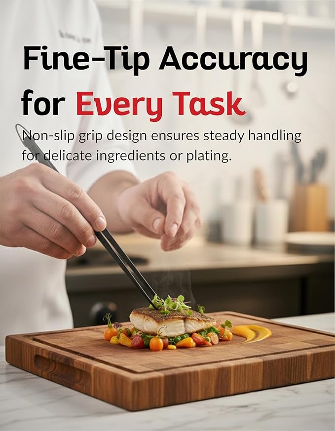 Tweezer Tongs Set of 2 – Boxiki Kitchen 430 Stainless Steel Cooking Tweezers, Long Chef Tweezers for Plating, Grilling, Baking, Pasta, Food Handling, Cake Decorating & Culinary Use