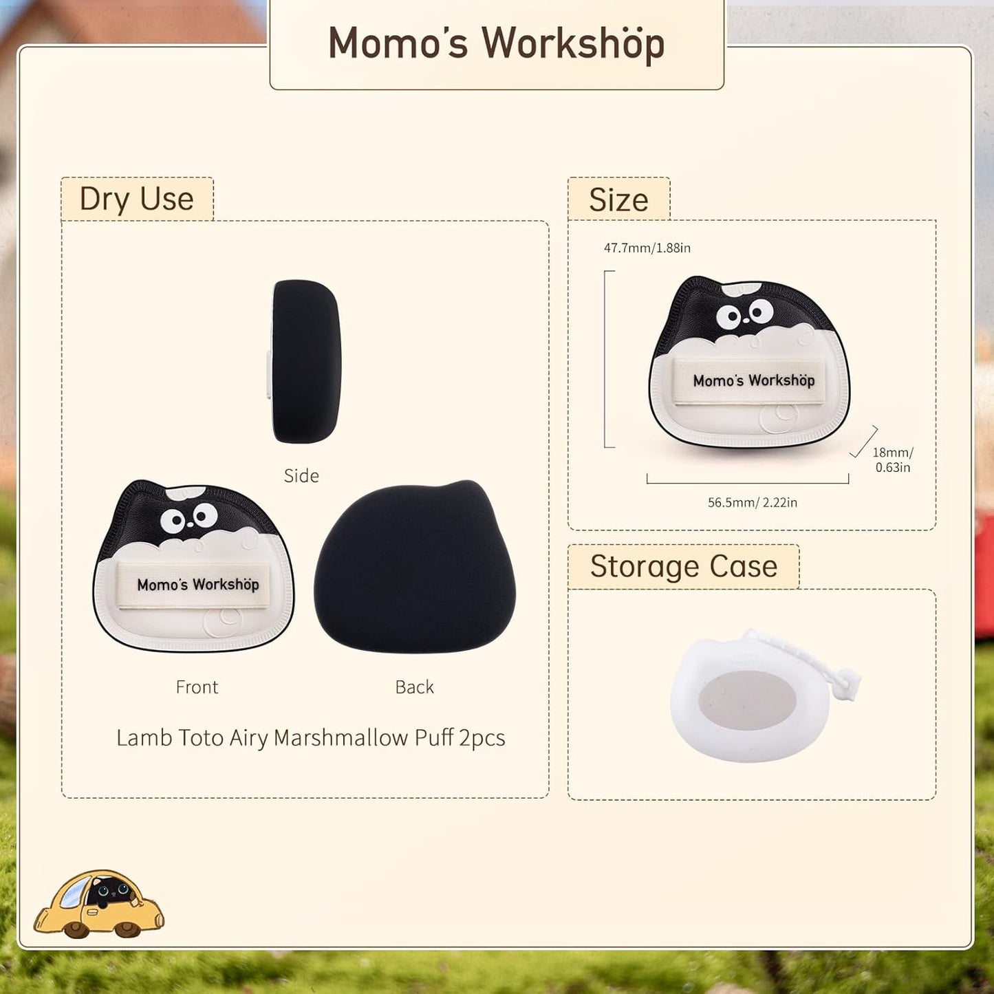 Lamb Toto Airy Marshmallow Puff,Makeup Sponge,Rubycell Material,Pointed Tip for Concealer + Flat Side for Foundation, Longwear Makeup, Travel Friendly & Reusable,2pcs Puffs & Storage Case-BrightBean Baby